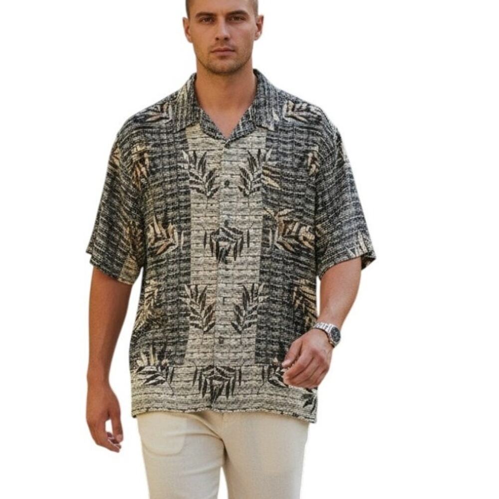 Paradise by Axis Men's Silk Shirt, Button Up, Short Sleeves, Black Tan Size 2X